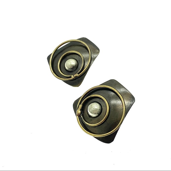 Modernist Geometric Trapezoid Earrings - Mixed Metals Textured Vintage Jewelry - Picture 2 of 12